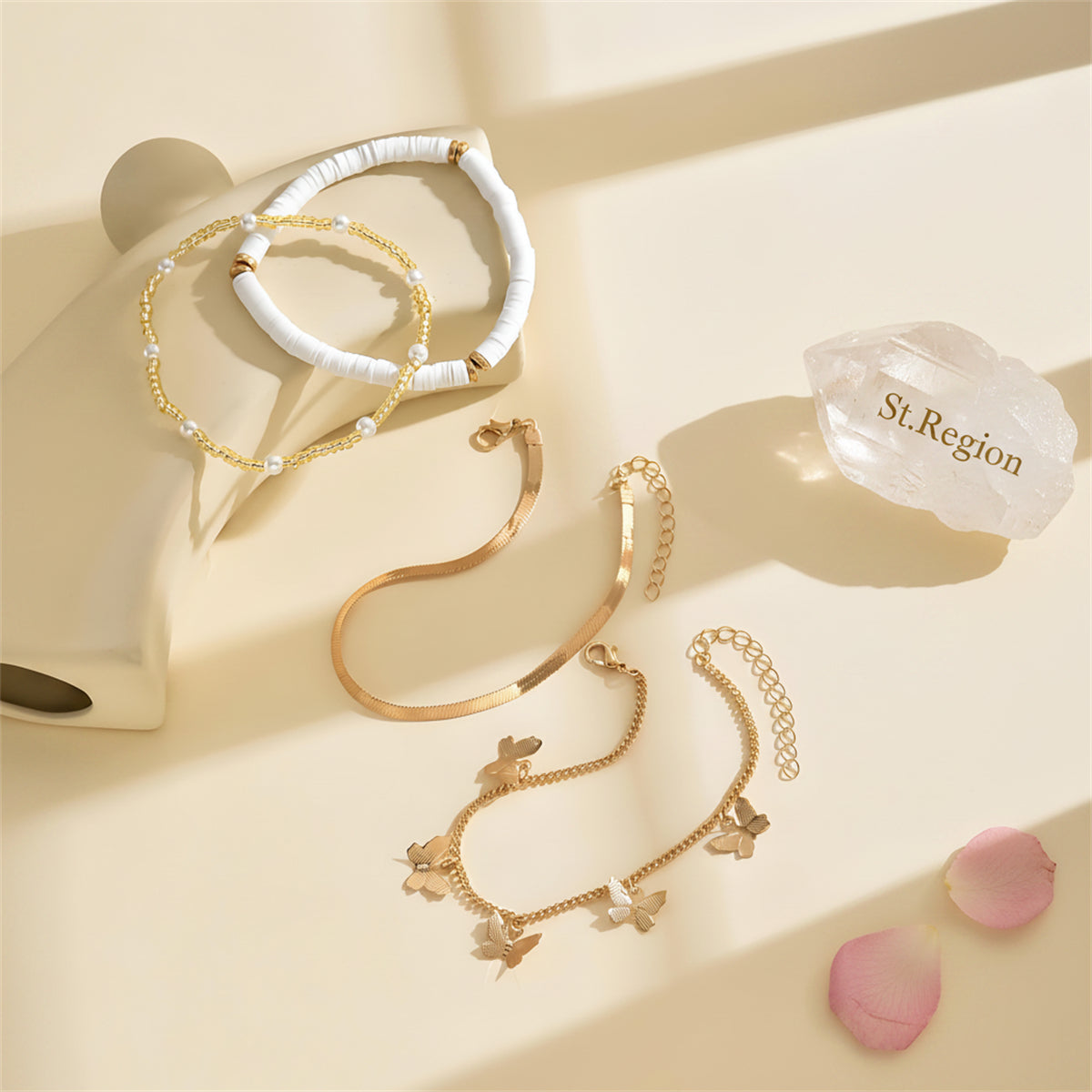 Pearl & Polymer Clay Acrylic Goldtone Butterfly Tassel Anklet Set