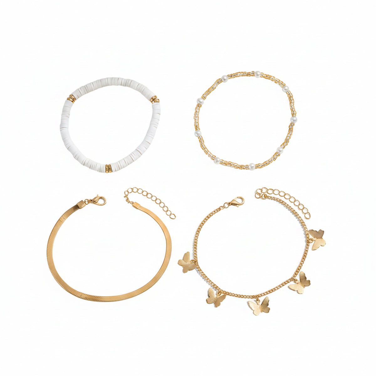 Pearl & Polymer Clay Acrylic Goldtone Butterfly Tassel Anklet Set