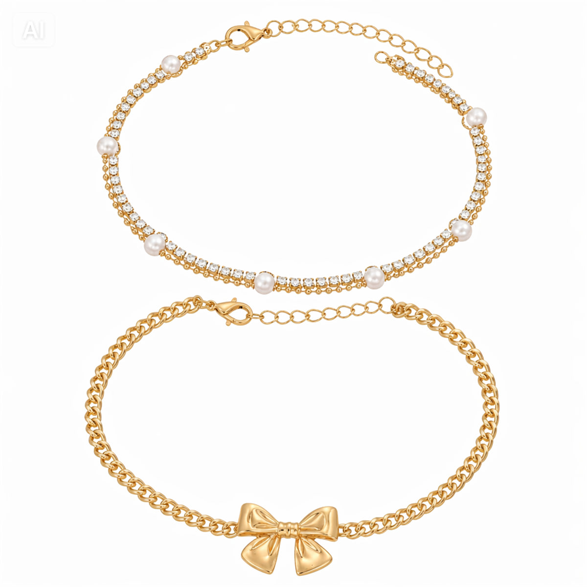 Pearl & Cubic Zirconia Goldtone Bow Charm Layered Anklet Set