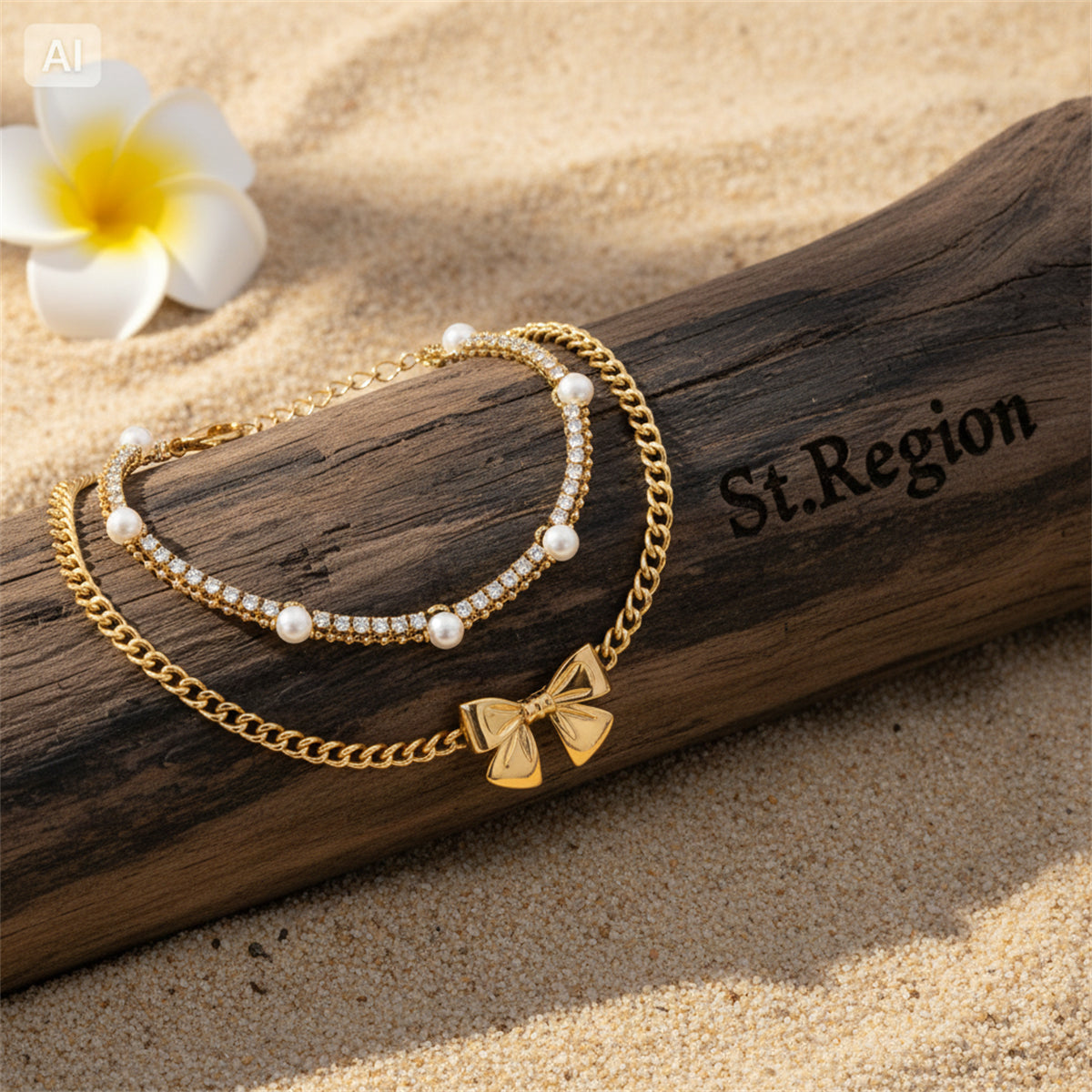 Pearl & Cubic Zirconia Goldtone Bow Charm Layered Anklet Set