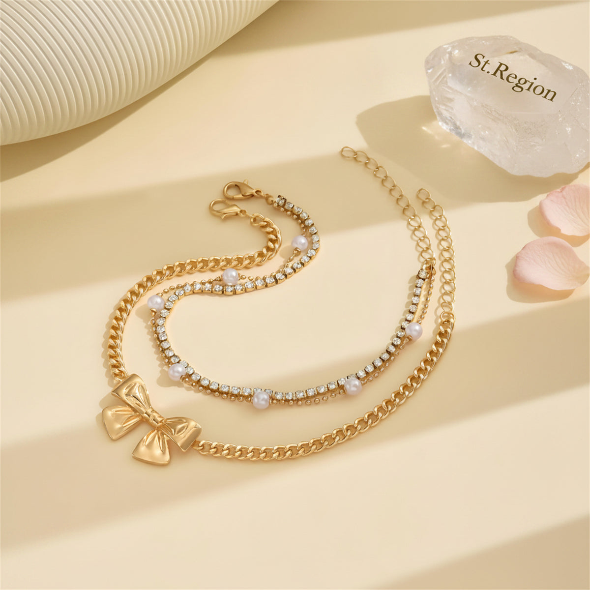 Pearl & Cubic Zirconia Goldtone Bow Charm Layered Anklet Set