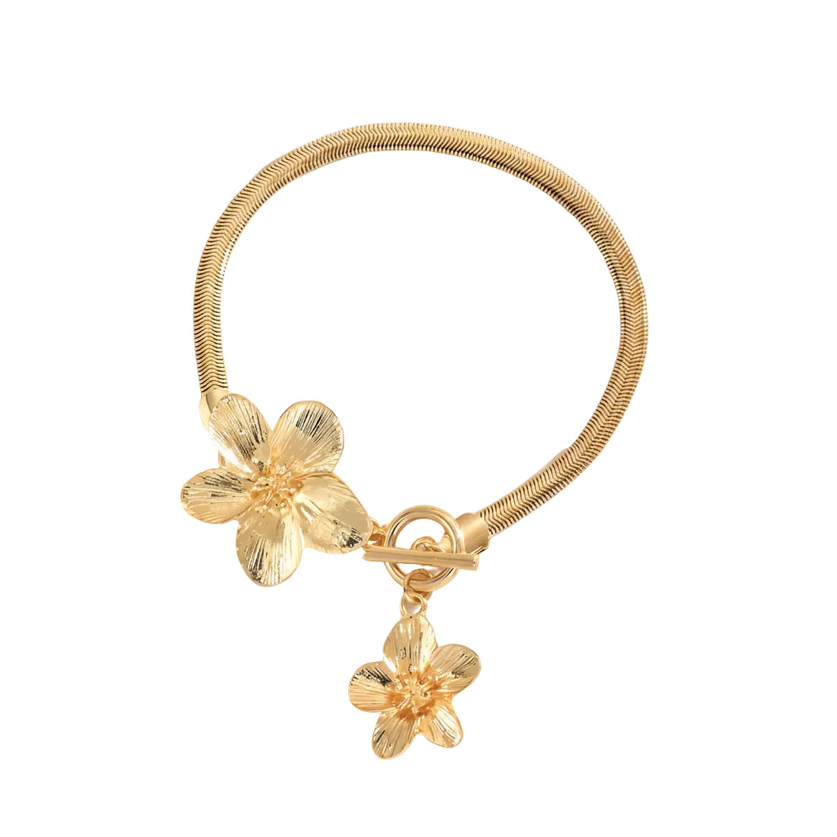 Goldtone Thick Herringbone Chain Dual-Flower Charm Toggle Anklet