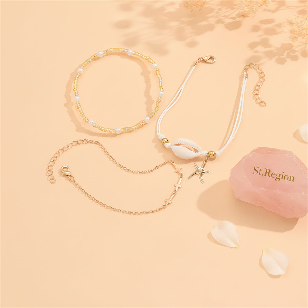 Pearl & Acrylic Shell Goldtone Cross Chain Starfish Charm Anklet Set
