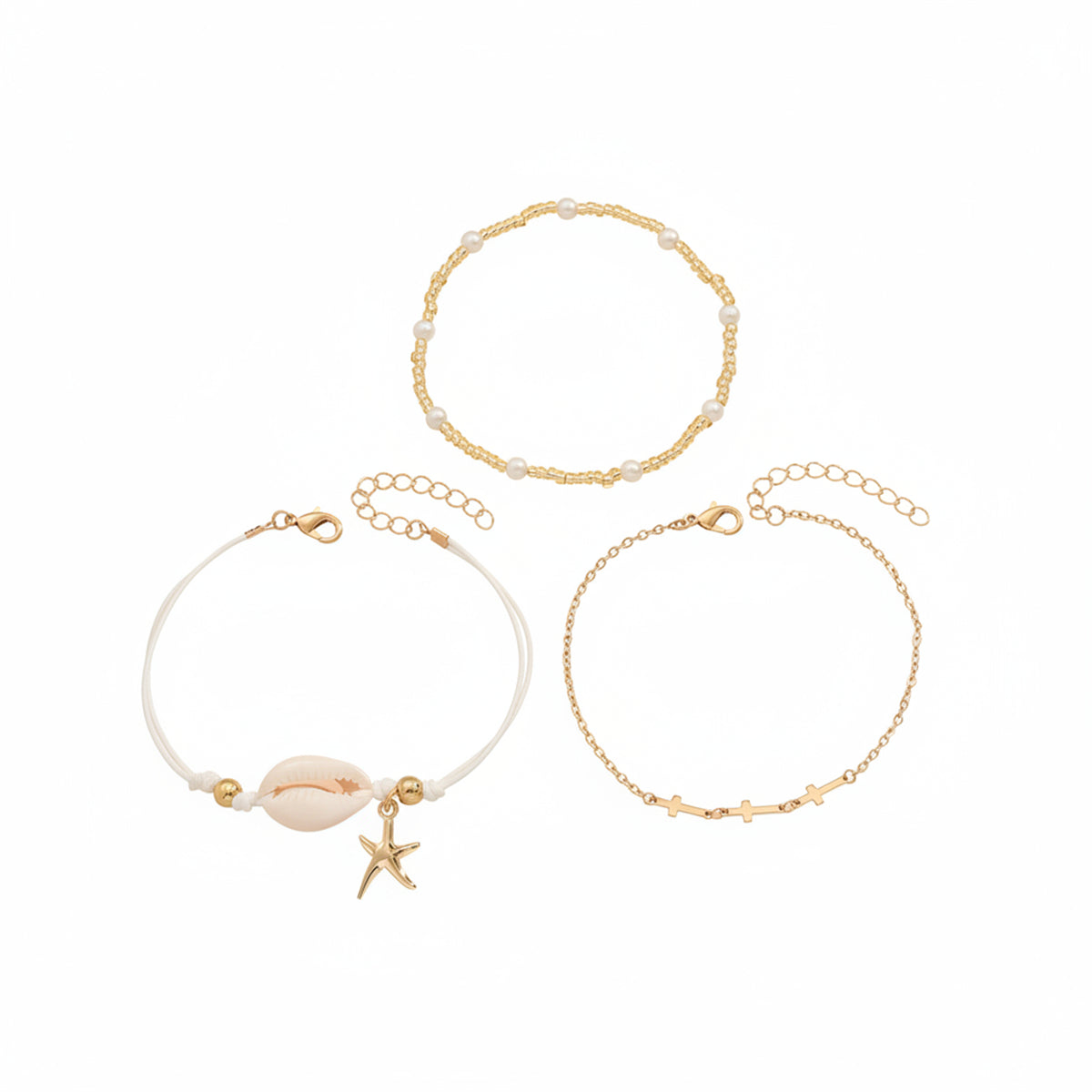 Pearl & Acrylic Shell Goldtone Cross Chain Starfish Charm Anklet Set