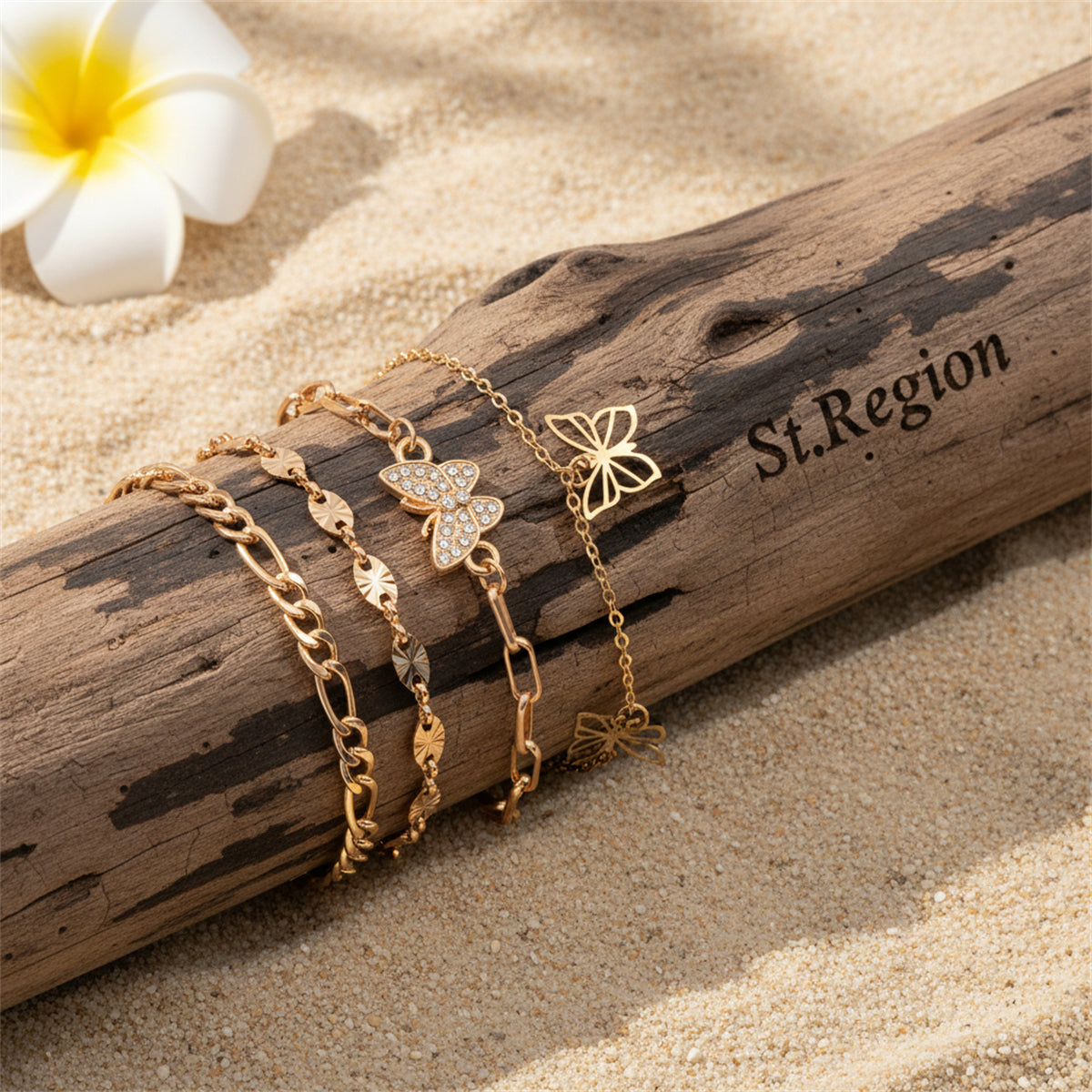 Cubic Zirconia & Goldtone Butterfly Cham Tassel Anklet Set