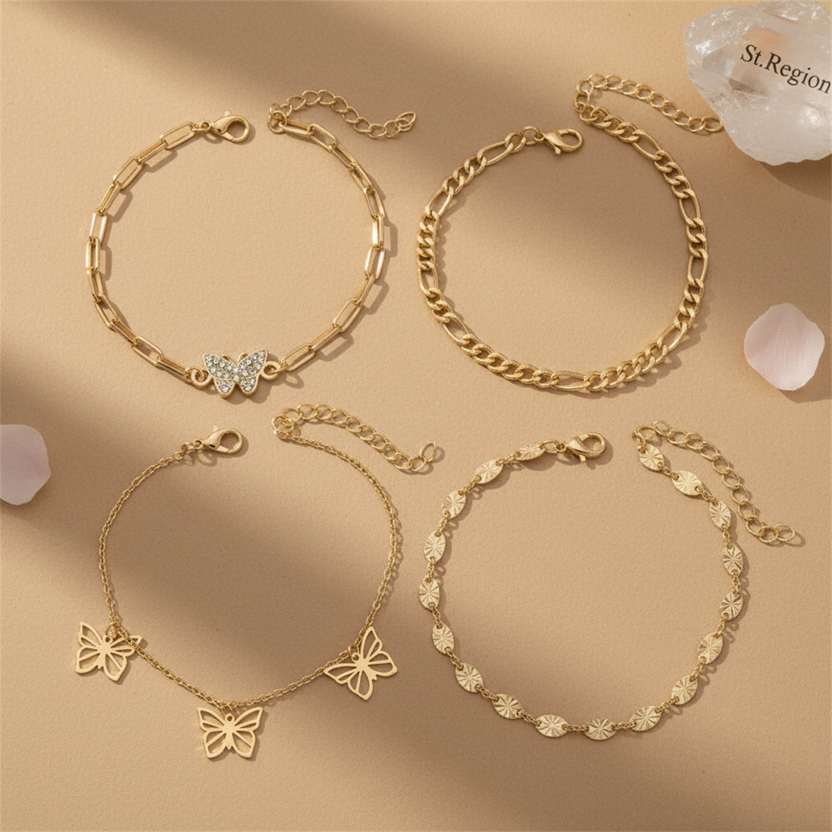 Cubic Zirconia & Goldtone Butterfly Cham Tassel Anklet Set