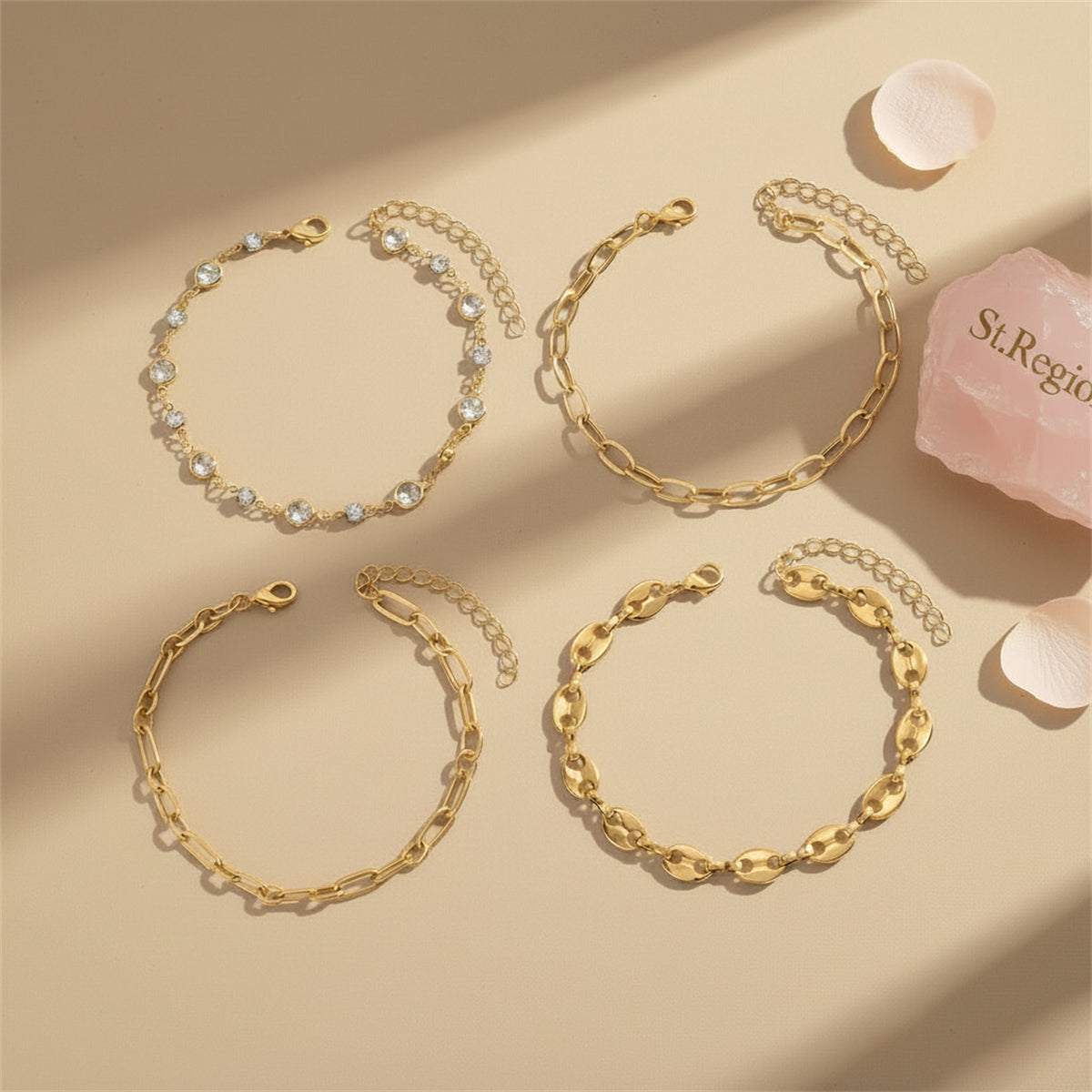 Clear Crystal & Cubic Zirconia Goldtone Pig-Nose Shape Chain Anklet Set