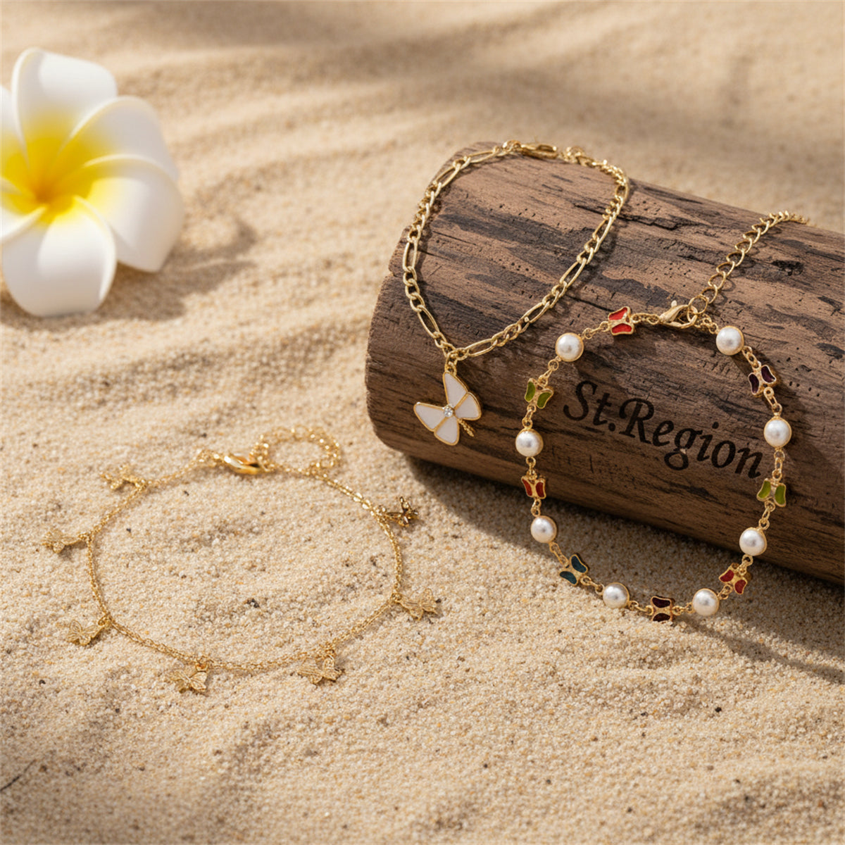 Pearl & Multi-Colored Crystal Goldtone Butterfly Stations Anklet Set