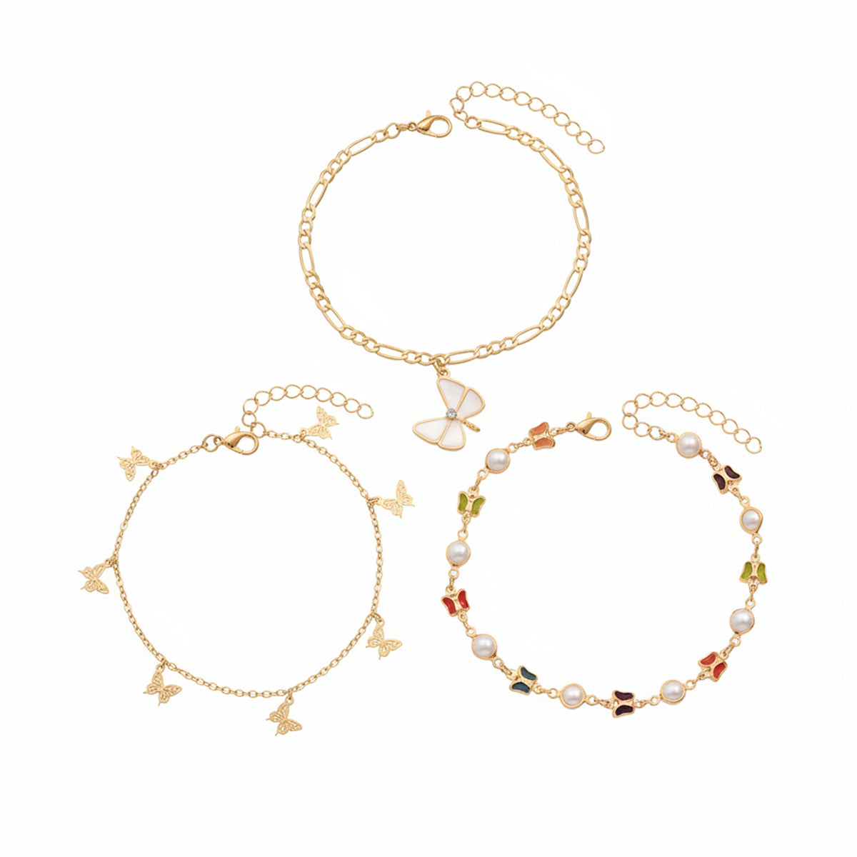 Pearl & Multi-Colored Crystal Goldtone Butterfly Stations Anklet Set