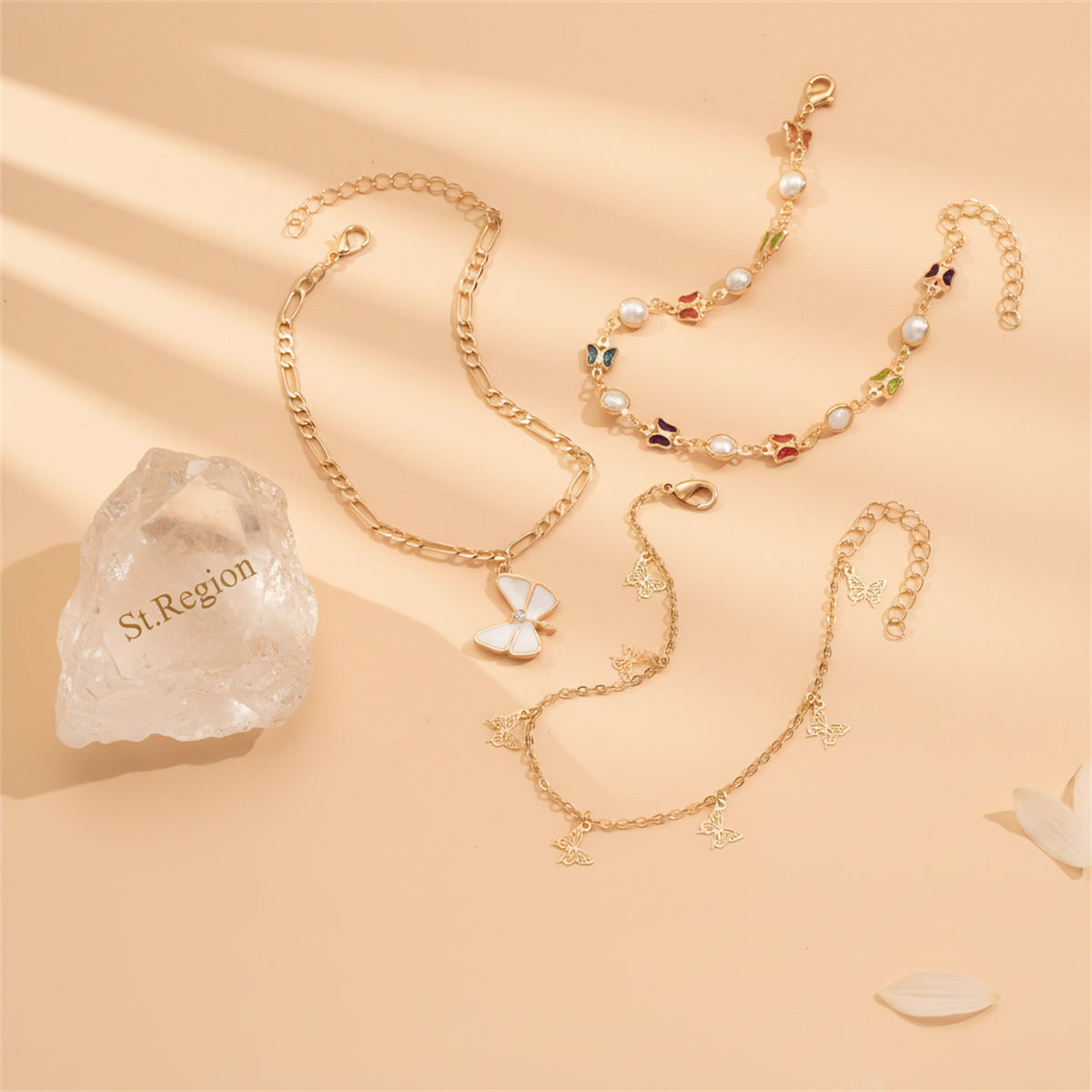 Pearl & Multi-Colored Crystal Goldtone Butterfly Stations Anklet Set