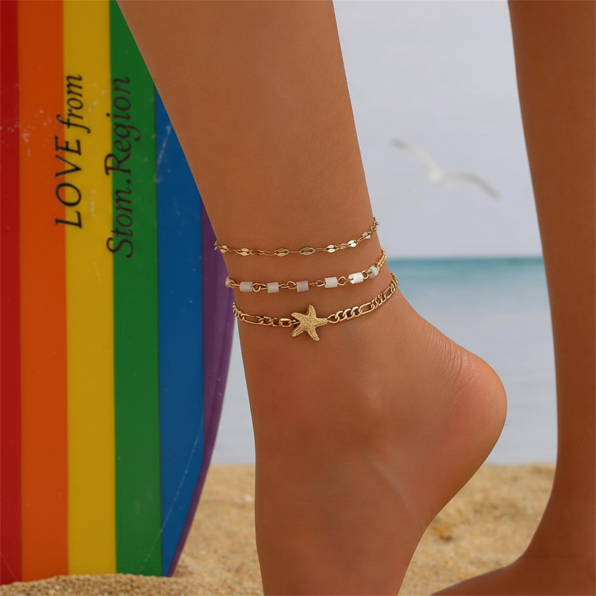 Acrylic & Goldtone Beads Chain Starfish Charm Anklet Set