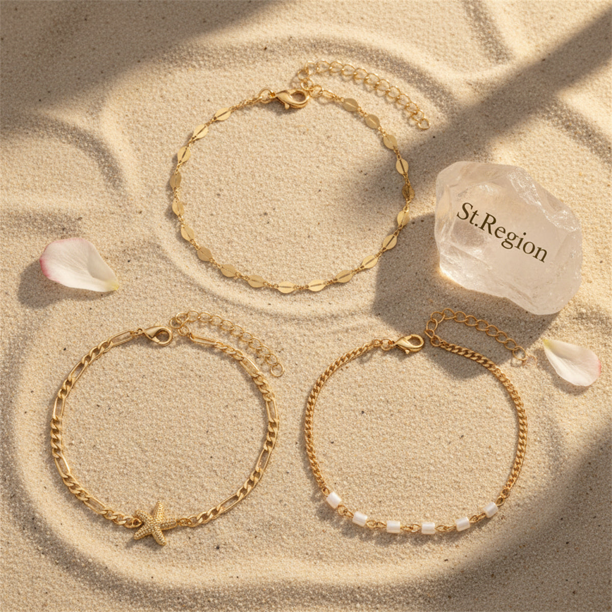Acrylic & Goldtone Beads Chain Starfish Charm Anklet Set