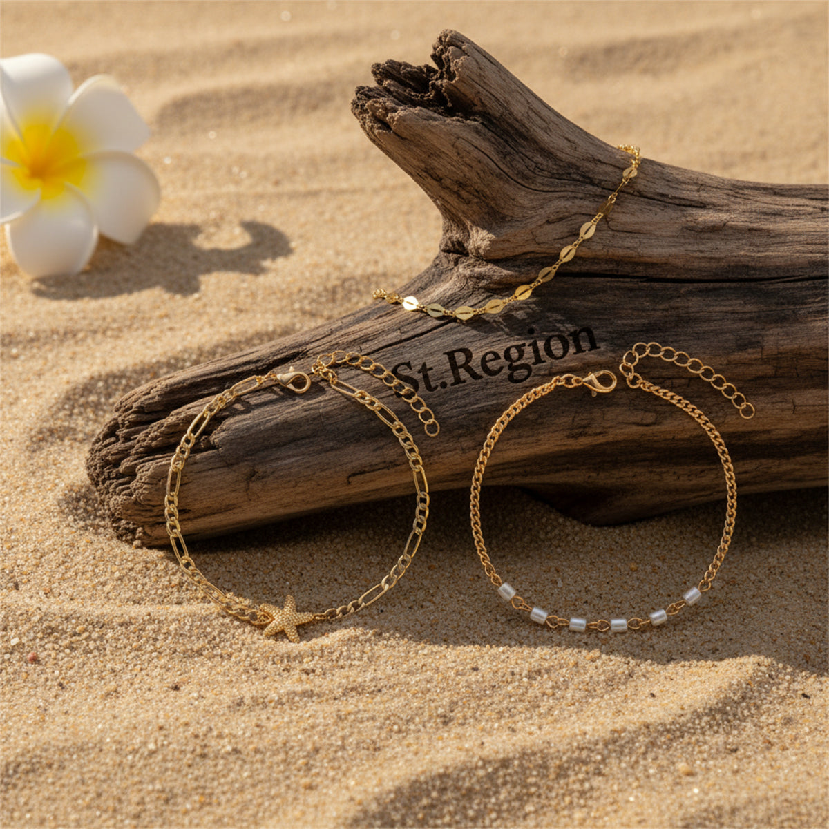 Acrylic & Goldtone Beads Chain Starfish Charm Anklet Set