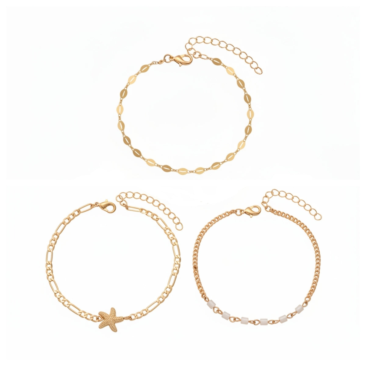 Acrylic & Goldtone Beads Chain Starfish Charm Anklet Set