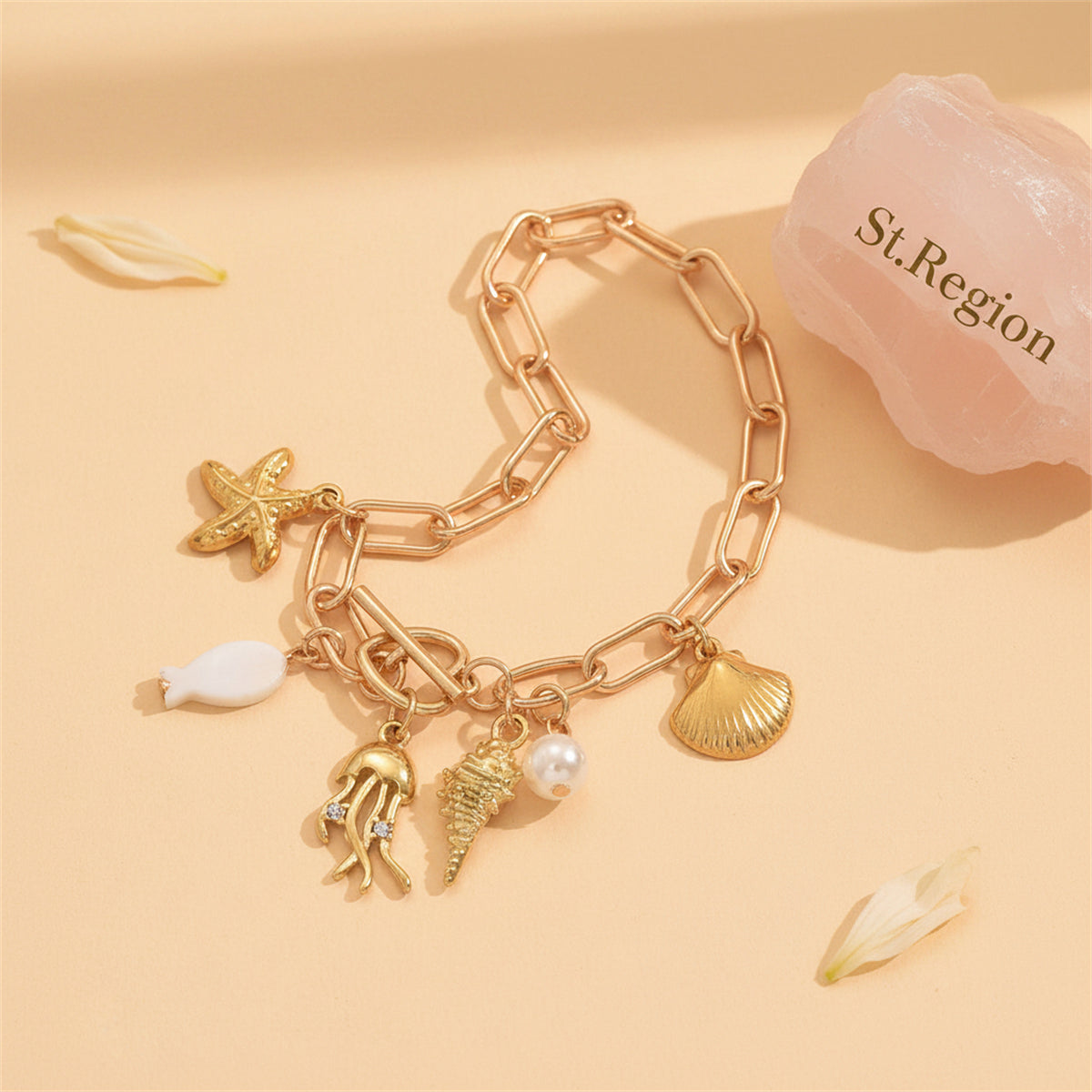 Cubic Zirconia & Pearl Acrylic Goldtone Sea Lives Charm Toggle Anklet