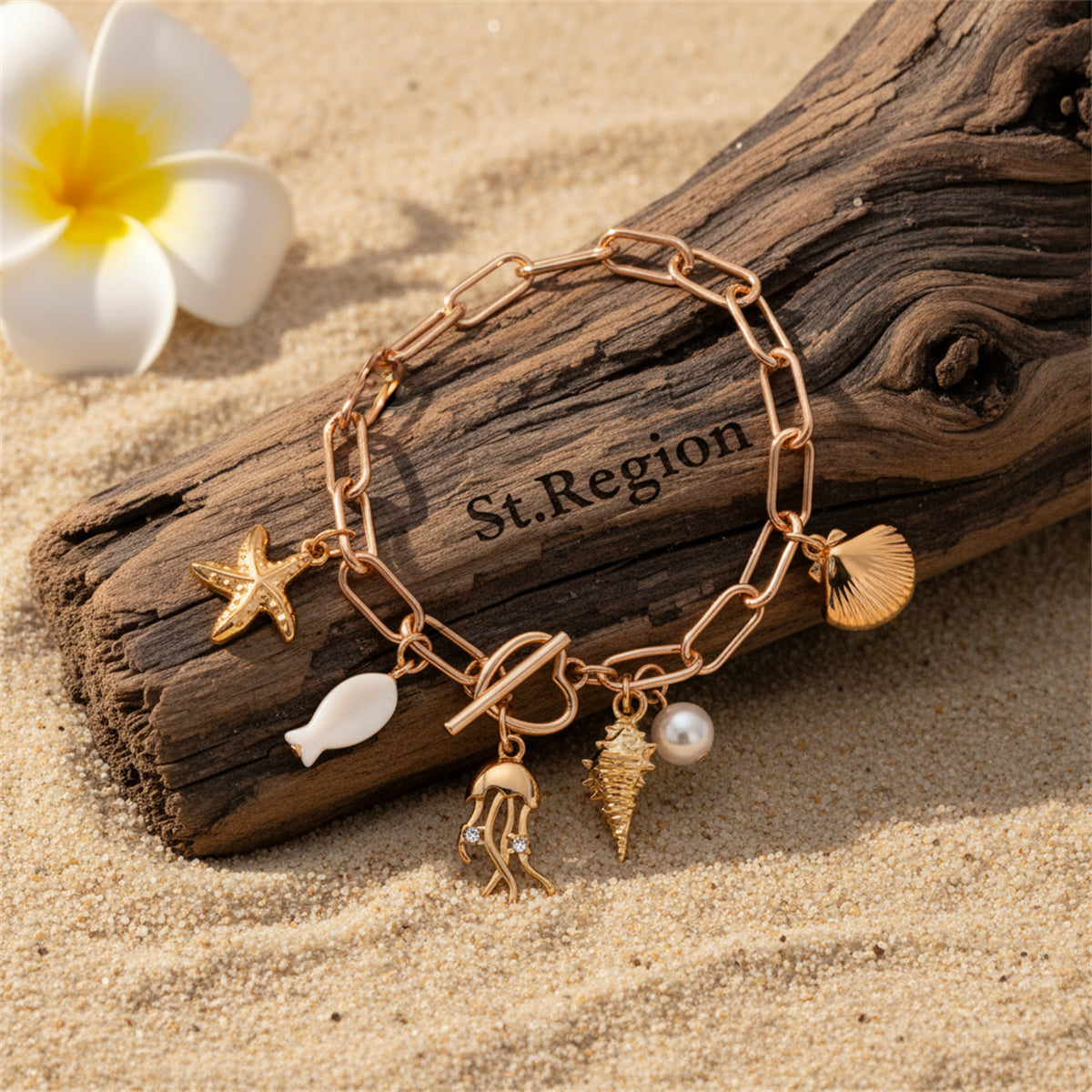 Cubic Zirconia & Pearl Acrylic Goldtone Sea Lives Charm Toggle Anklet