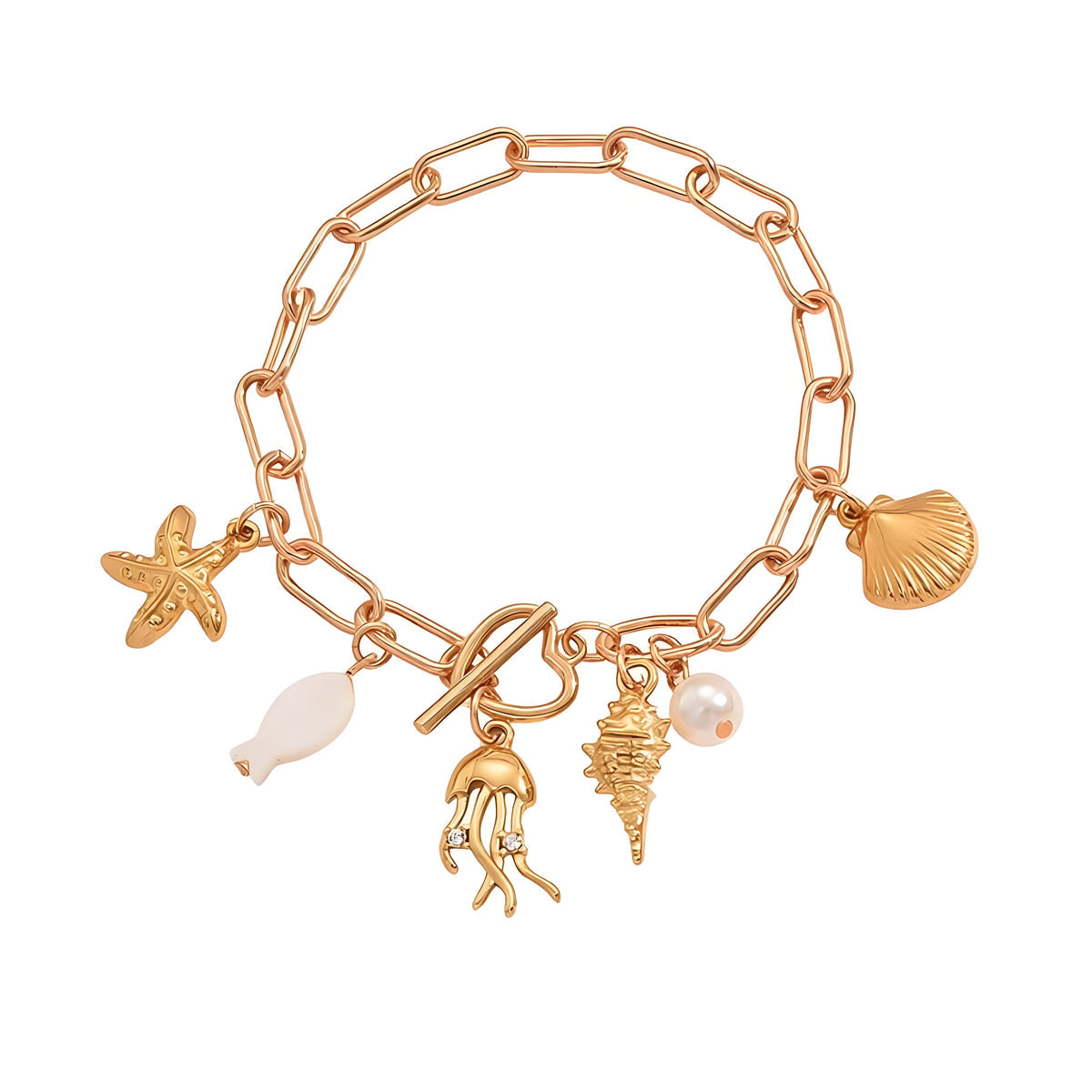 Cubic Zirconia & Pearl Acrylic Goldtone Sea Lives Charm Toggle Anklet