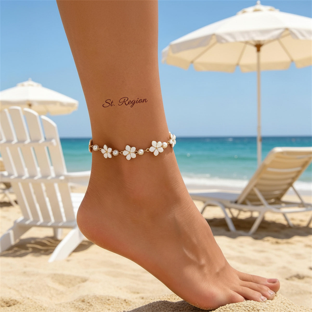 White Enamel & Pearl Goldtone Flower Station Anklet