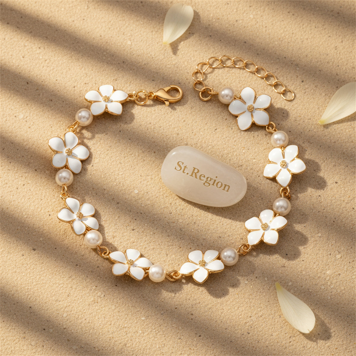 White Enamel & Pearl Goldtone Flower Station Anklet