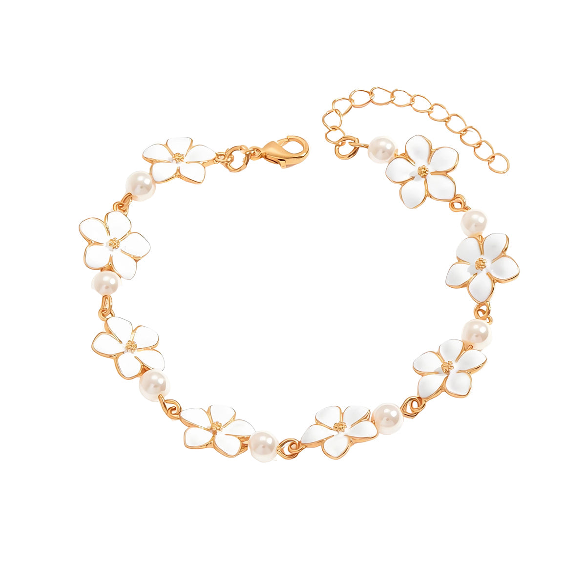 White Enamel & Pearl Goldtone Flower Station Anklet
