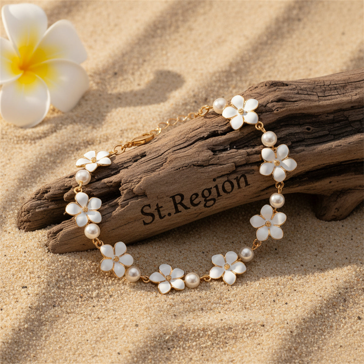 White Enamel & Pearl Goldtone Flower Station Anklet