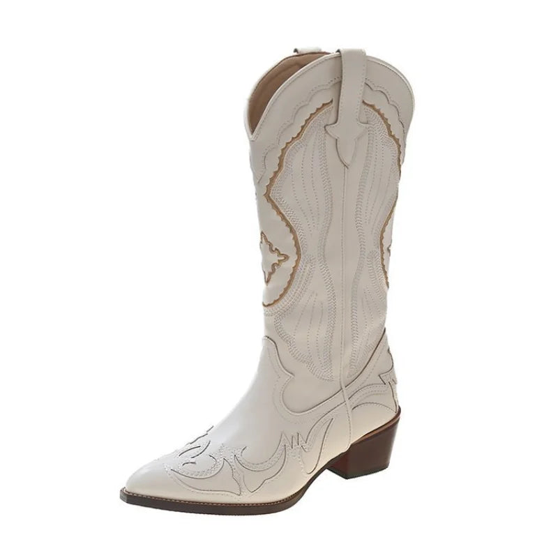 Autumn Embroidered Western Cowboy Boots new Square Heels Pointed shoes Casual fashion long boots Comfortable waterproof shoes
