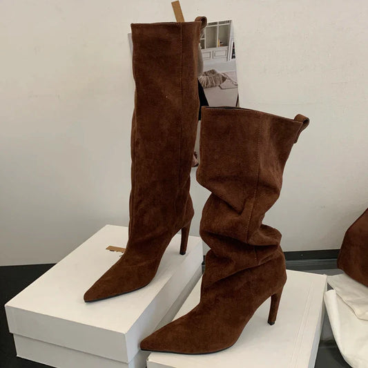 Aneikeh Fashion Winter Pointed Toe Knee-High Women Boots Thin Heels Shoes Female Punk Long Booties Zapatos De Muje