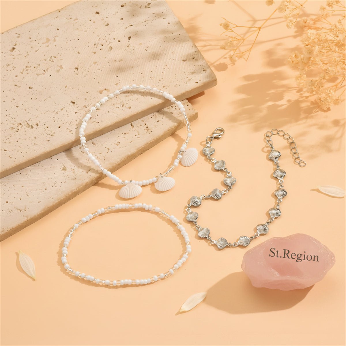 Genuine Shell & Howlite Acrylic Silvertone Shell Station Charm Anklet Set
