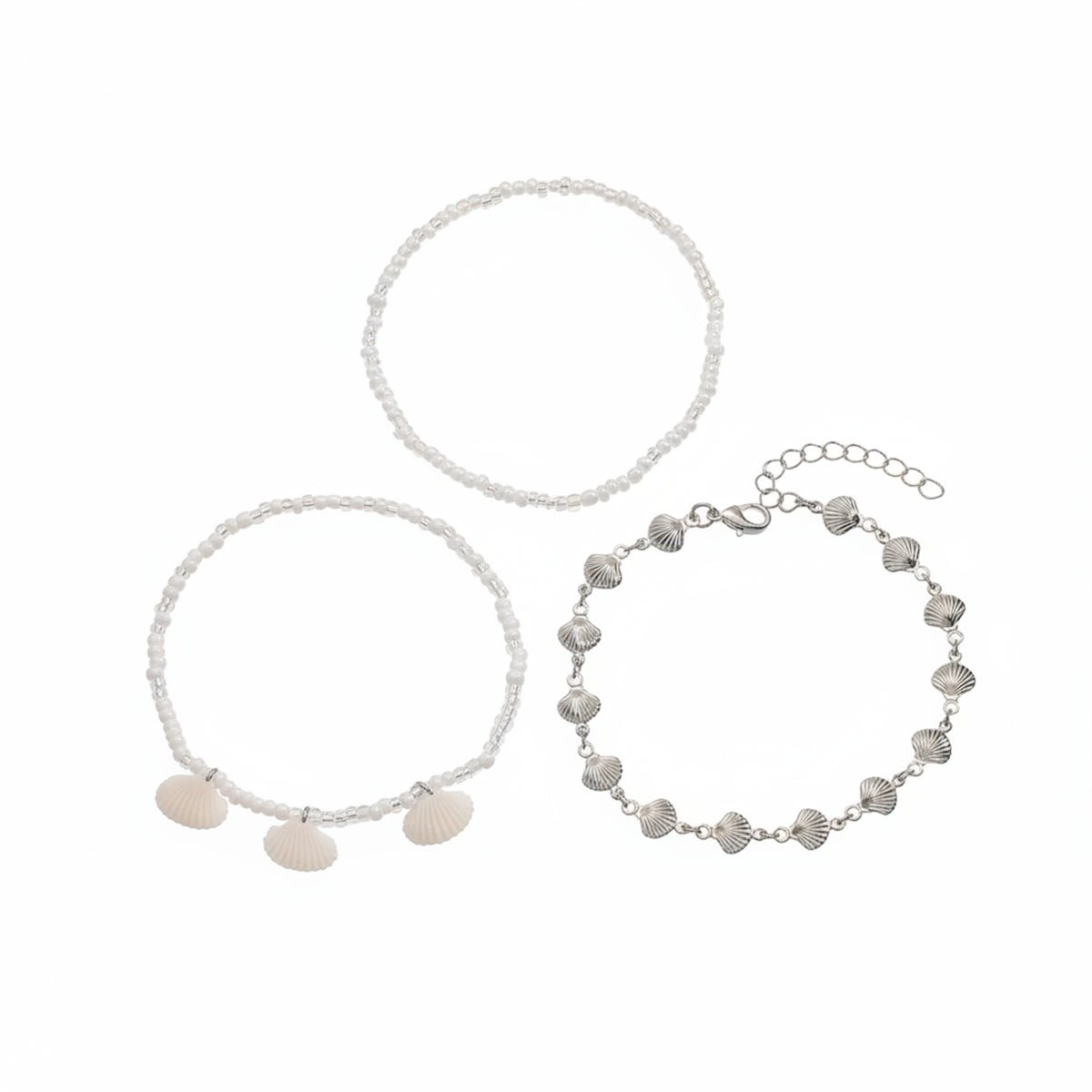 Genuine Shell & Howlite Acrylic Silvertone Shell Station Charm Anklet Set