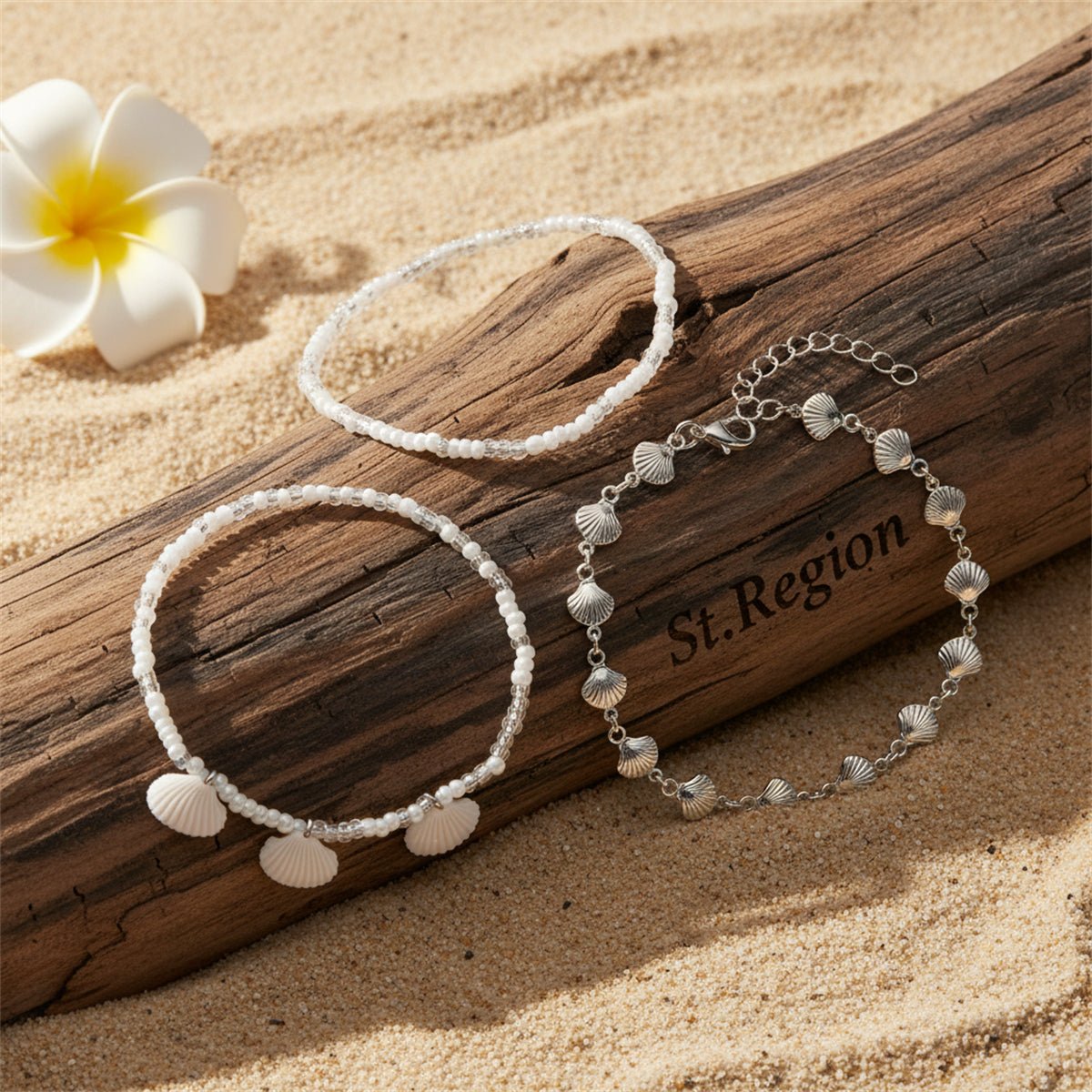Genuine Shell & Howlite Acrylic Silvertone Shell Station Charm Anklet Set