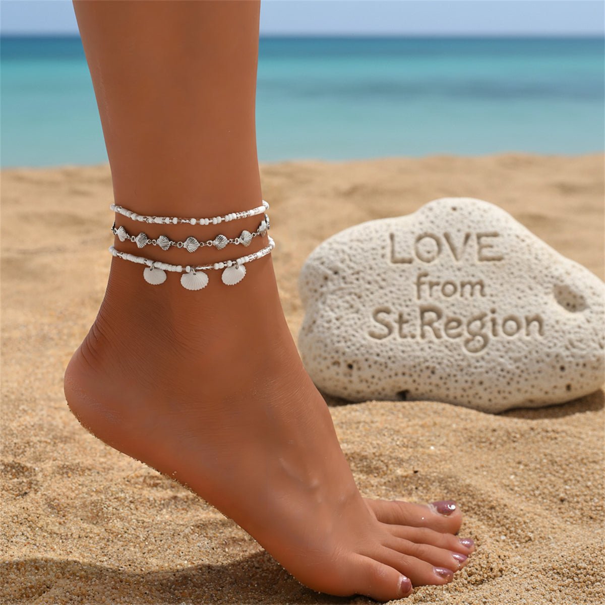 Genuine Shell & Howlite Acrylic Silvertone Shell Station Charm Anklet Set