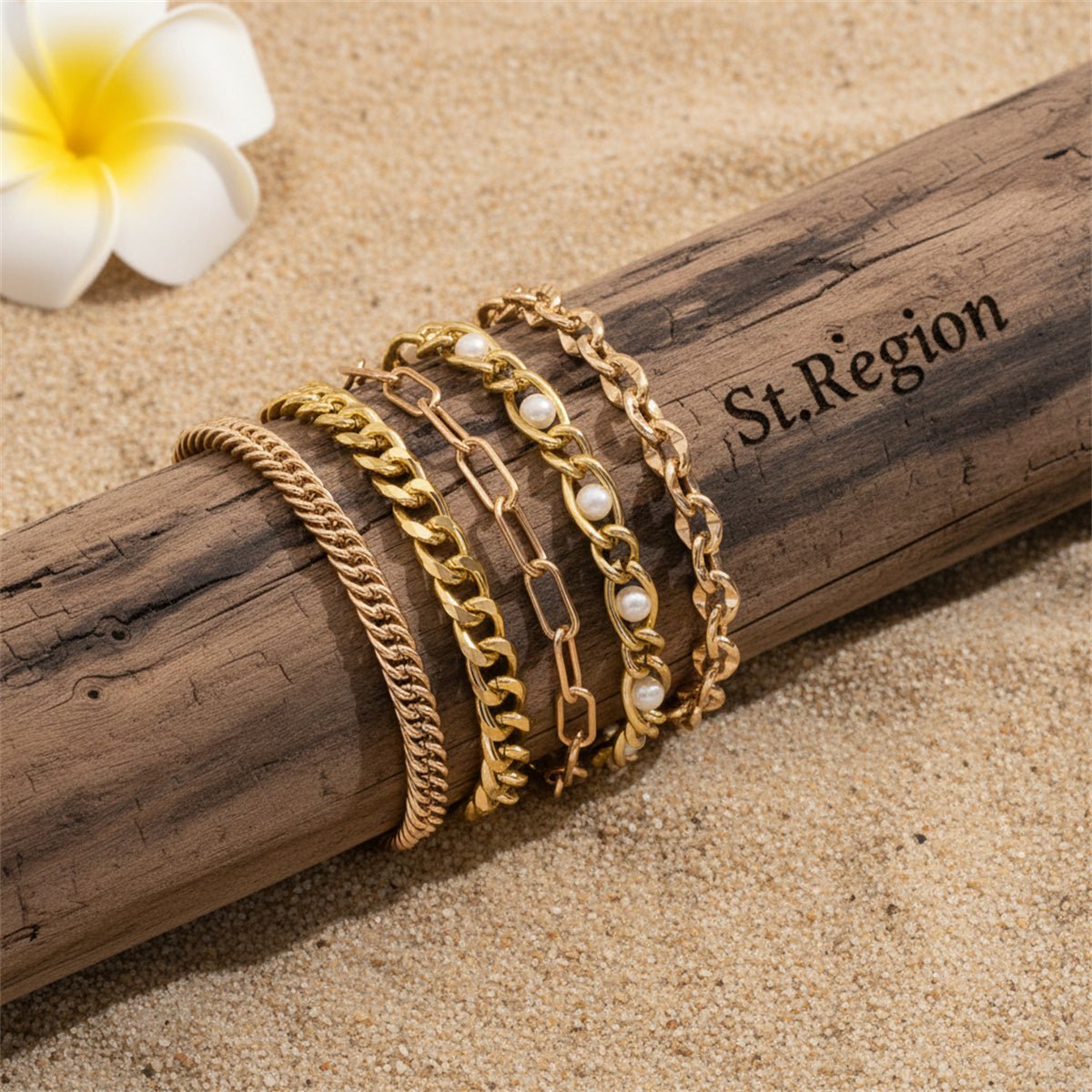 Pearl & Goldtone Figaro Chain Anklet Set