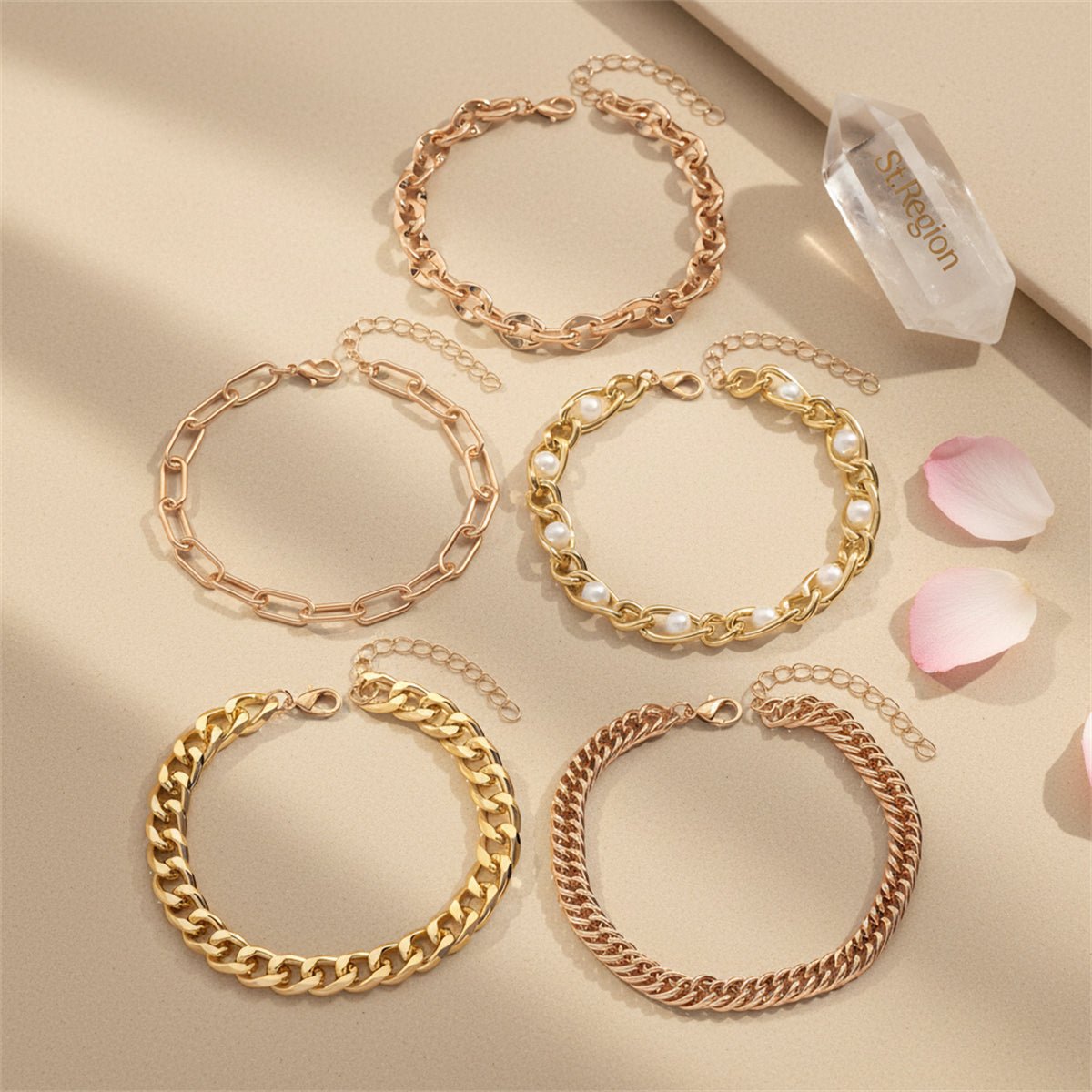 Pearl & Goldtone Figaro Chain Anklet Set