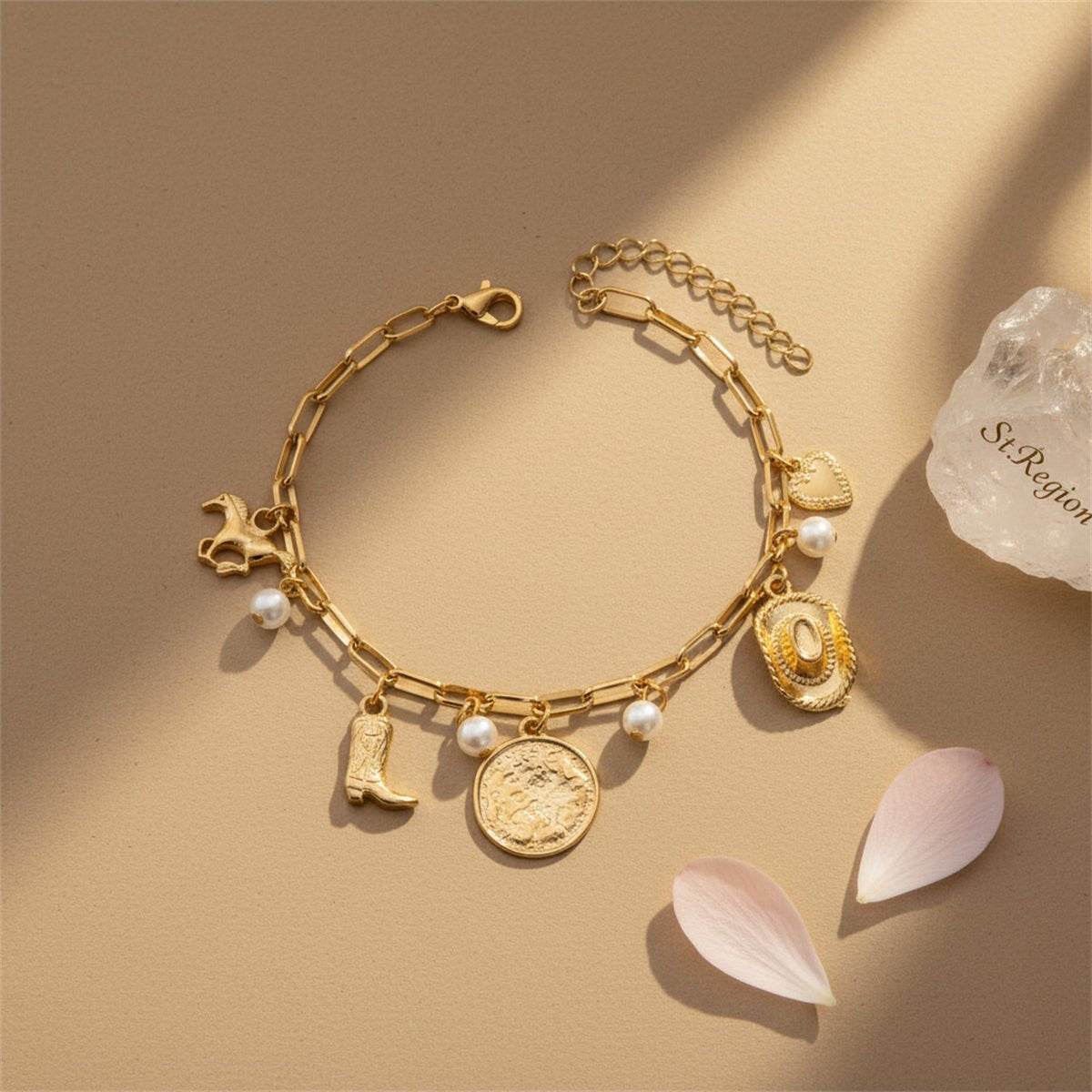 Pearl & Goldtone House Boot Cowboy Hat Heart Charm Anklet
