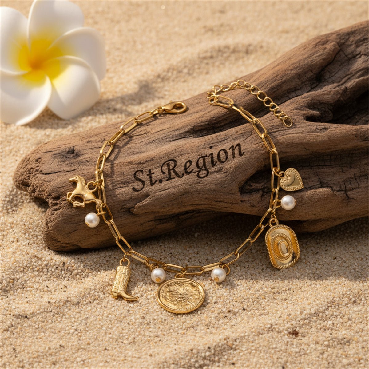 Pearl & Goldtone House Boot Cowboy Hat Heart Charm Anklet