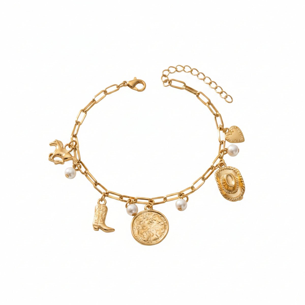 Pearl & Goldtone House Boot Cowboy Hat Heart Charm Anklet